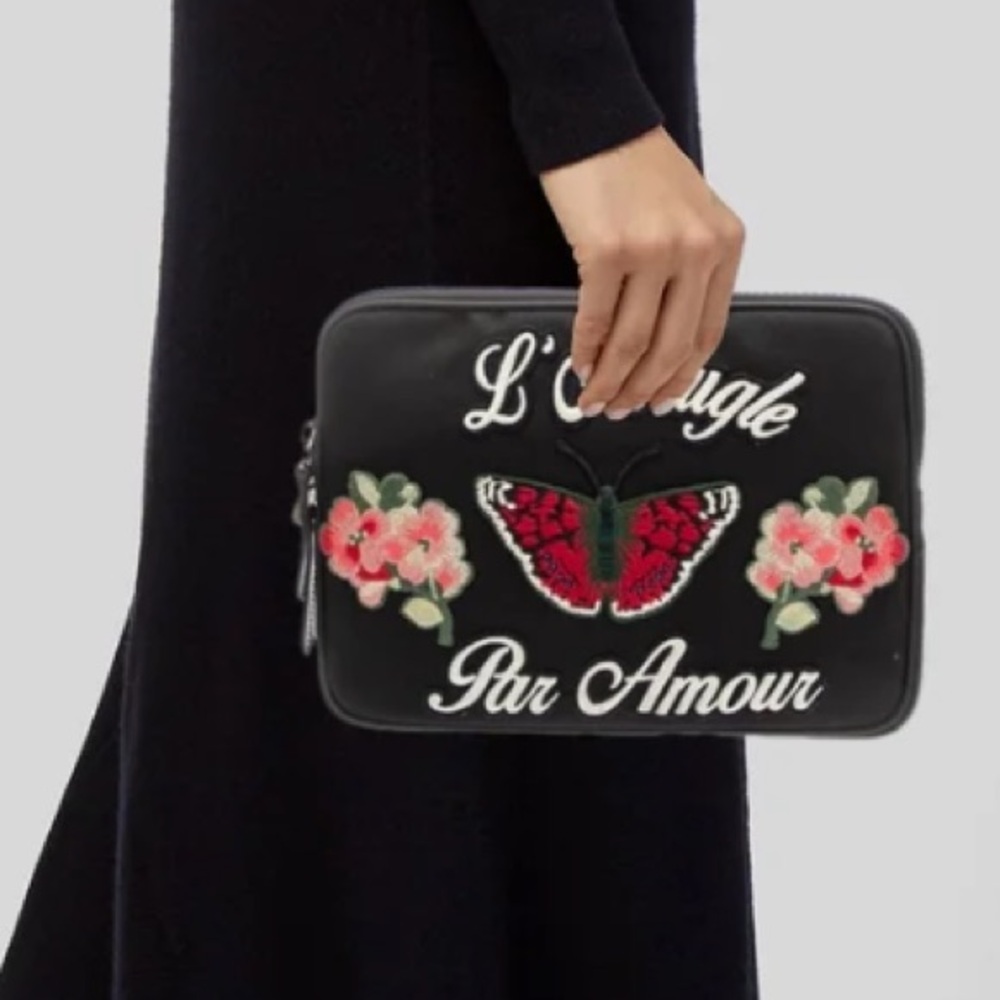 Gucci Black Clutch with Red and Pink Embroidery